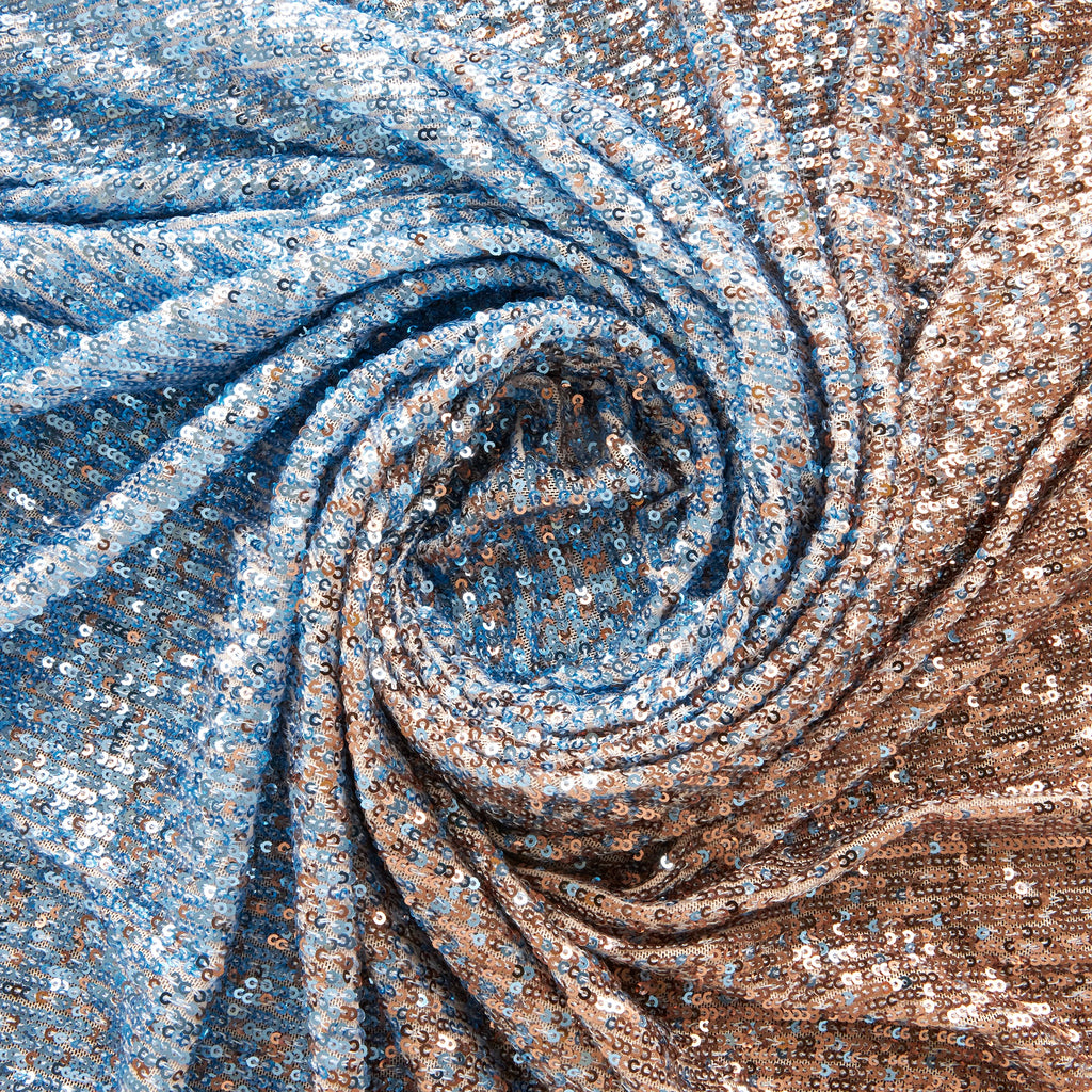 ARIEL OMBRE SEQUIN STRETCH MESH  | 25525-OMBRE ROSEGOLD/BLUE - Zelouf Fabrics