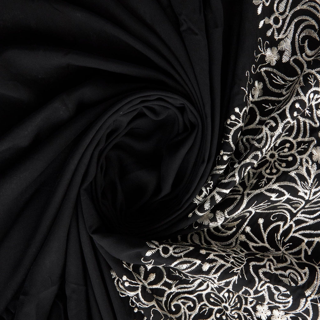 SCROLLWORK BORDER EMBROIDERY ON RAYON  | 27048 BLACK/IVORY - Zelouf Fabrics