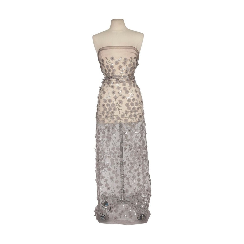 ALYCE 3D FLORAL SEQUIN EMBROIDERY MESH  | 26637 LIGHT GREY - Zelouf Fabrics