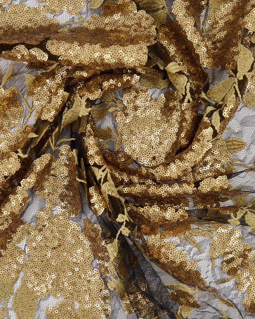 STEVIE FLORAL LACE ON SEQUIN EMBROIDERY  | 26856-LACE BLACK/GOLD - Zelouf Fabrics