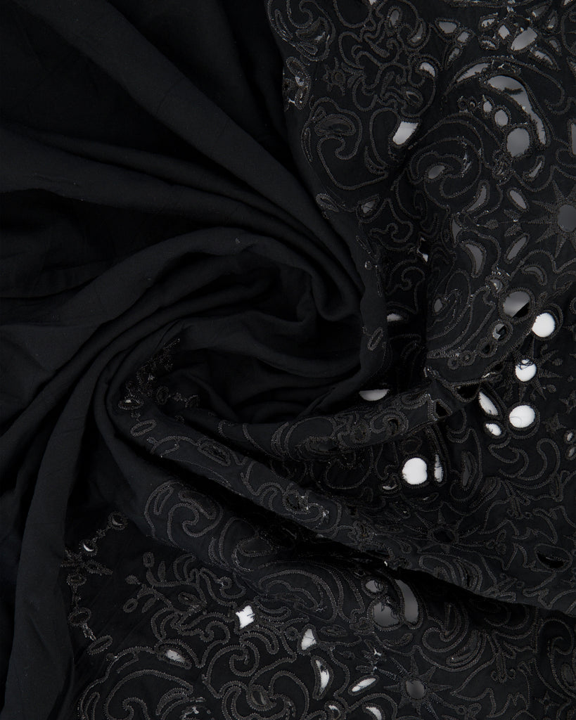 CELESTIAL EYELET EMBROIDERY ON RAYON  | 27030 BLACK/BLACK - Zelouf Fabrics