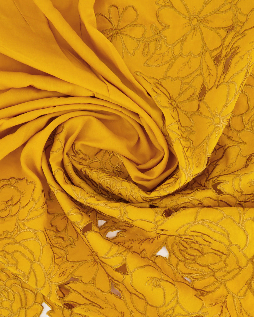 GARDEN EYELET EMBROIDERY ON RAYON  | 27031 SAFFRON/GOLD - Zelouf Fabrics