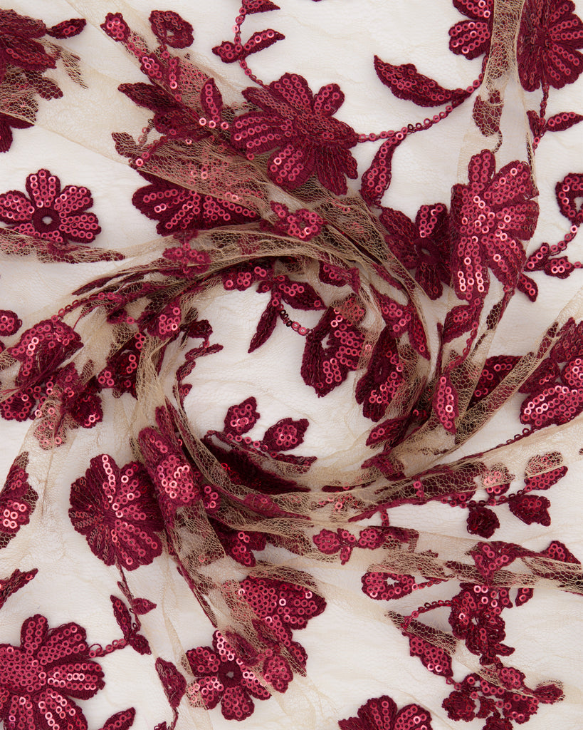 VALERIA EMBROIDERY ON LACE MESH  | 27120-SEQ SAND/WINE - Zelouf Fabrics