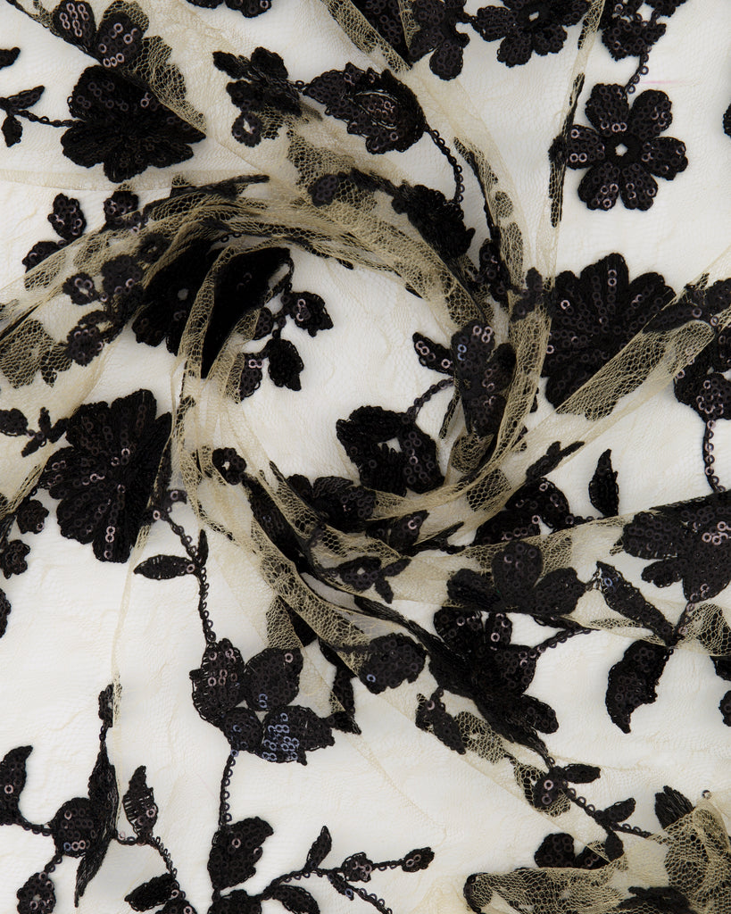 VALERIA EMBROIDERY ON LACE MESH  | 27120-SEQ SAND/BLACK - Zelouf Fabrics