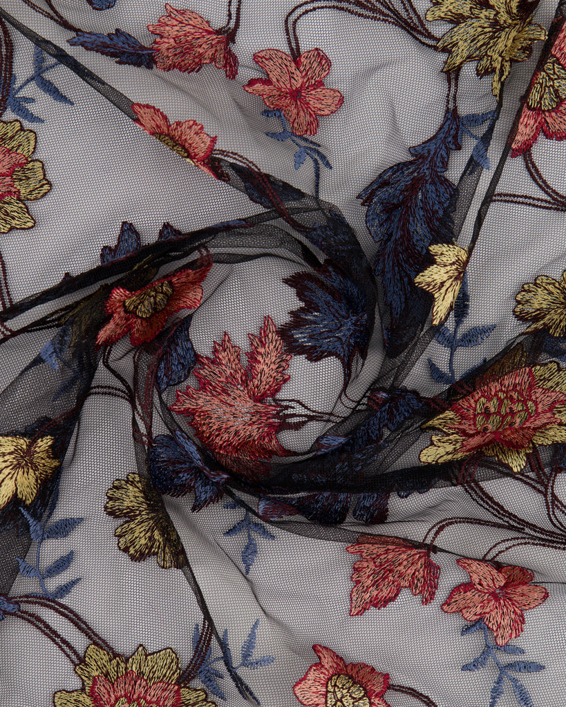 ADELAIDE EMBROIDERY ON MESH  | 27193 BLACK/SPICE - Zelouf Fabrics