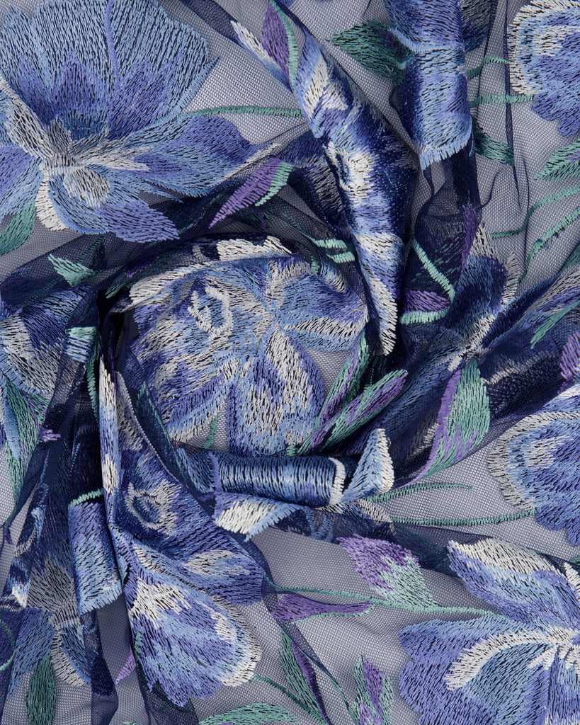 ADDILYN FLORAL EMBROIDERY ON MESH  | 27194 NAVY/AZURE - Zelouf Fabrics