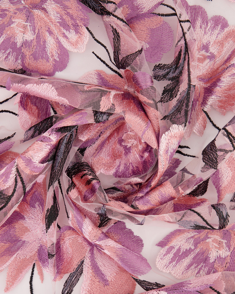 ADDILYN FLORAL EMBROIDERY ON MESH  | 27194 DUSTY BLUSH/MAUVE - Zelouf Fabrics