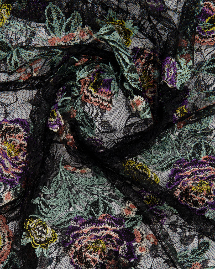 ELOISE EMBROIDERY ON LACE  | 27196 BLACK/VIOLET - Zelouf Fabrics