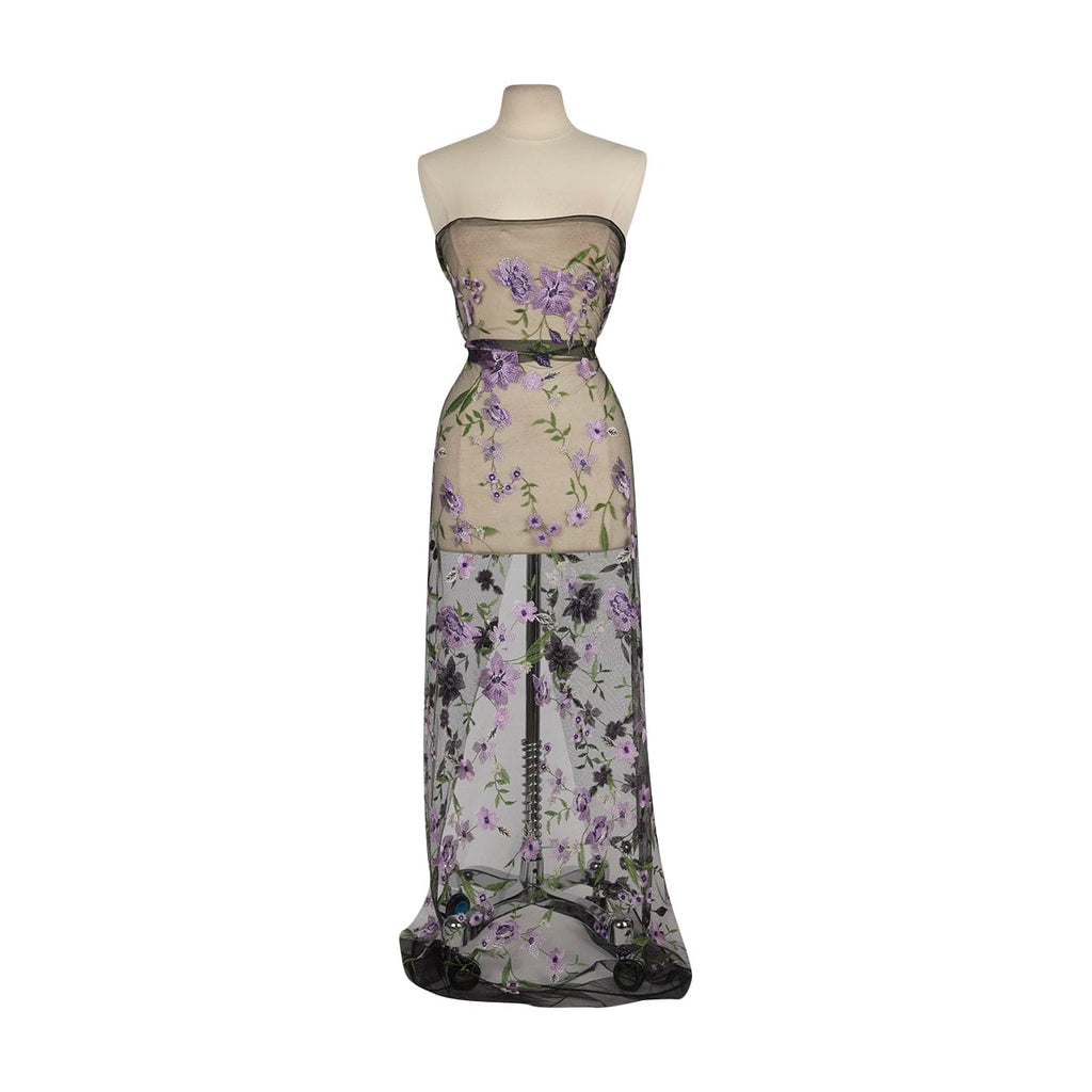 MARINA FLORAL EMBROIDERY ON MESH  | 27218 BLACK/LILAC - Zelouf Fabrics