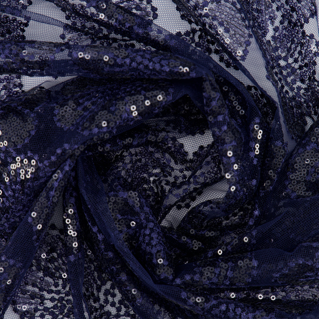 ANGELICA ALL OVER FLORAL WITH SEQUINS ON MESH  | D2773 NAVY - Zelouf Fabrics