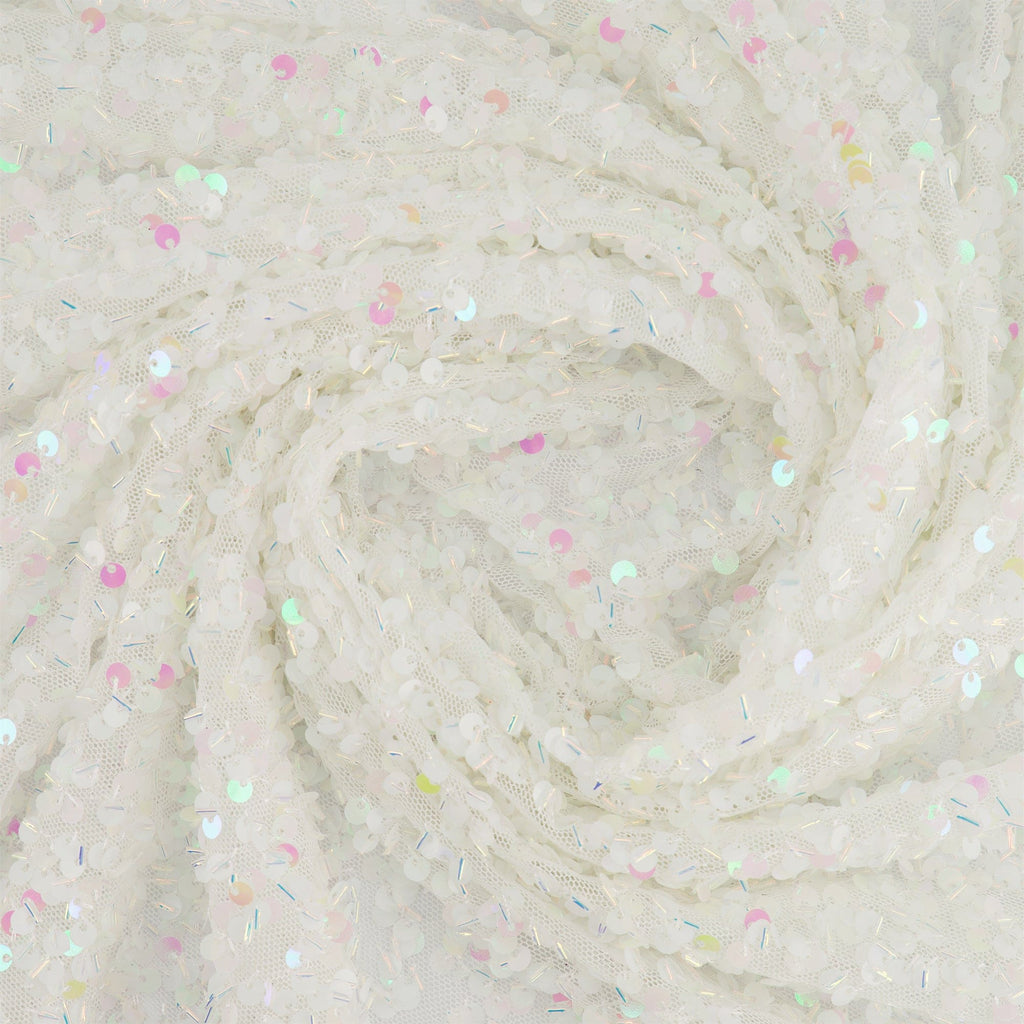 KARINA ALLOVER BEAD SEQUIN ON STRETCH MESH  | D2871 WHITE - Zelouf Fabrics