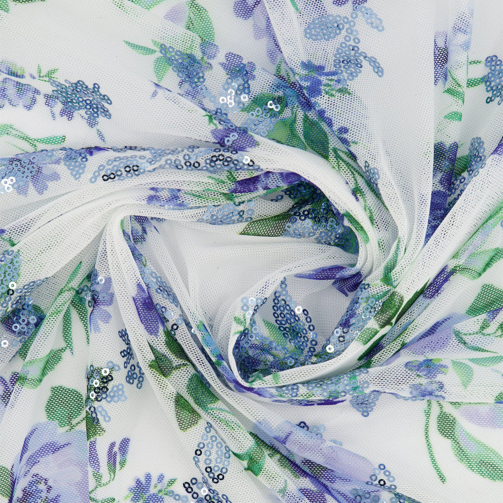 MACKENZIE FLORAL PRINT WITH SEQUINS ON MESH  | P1209-1047 BLUEBELL - Zelouf Fabrics