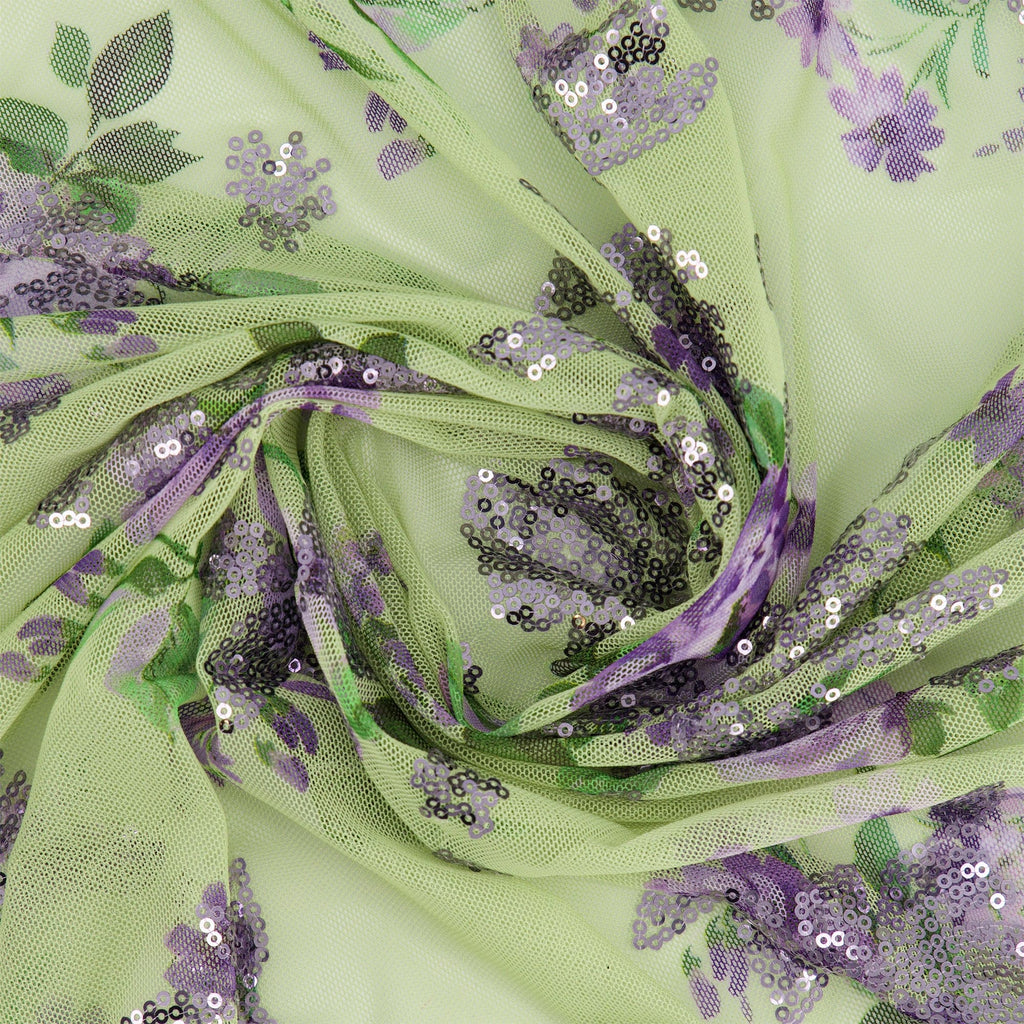 MACKENZIE FLORAL PRINT WITH SEQUINS ON MESH  | P1209-1047 LILAC CREAM - Zelouf Fabrics