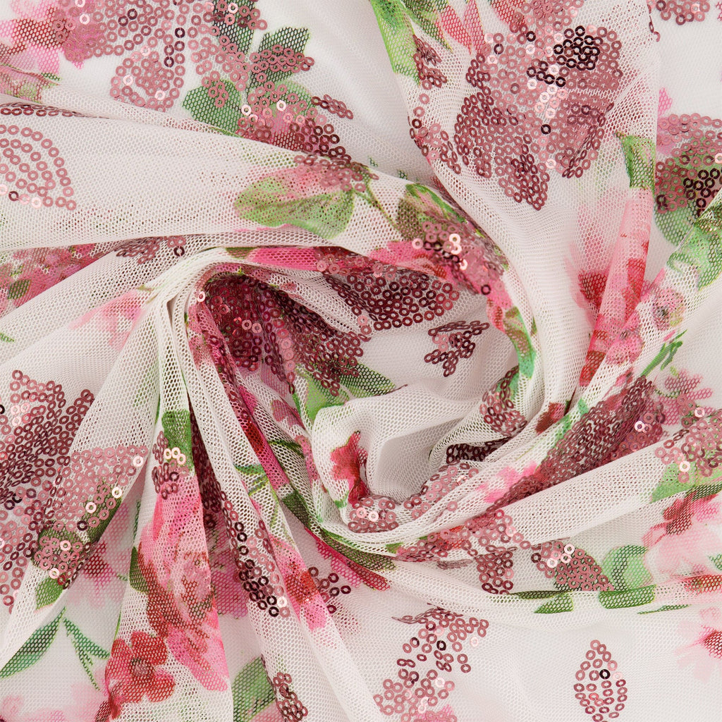 MACKENZIE FLORAL PRINT WITH SEQUINS ON MESH  | P1209-1047 ROSEBUD - Zelouf Fabrics