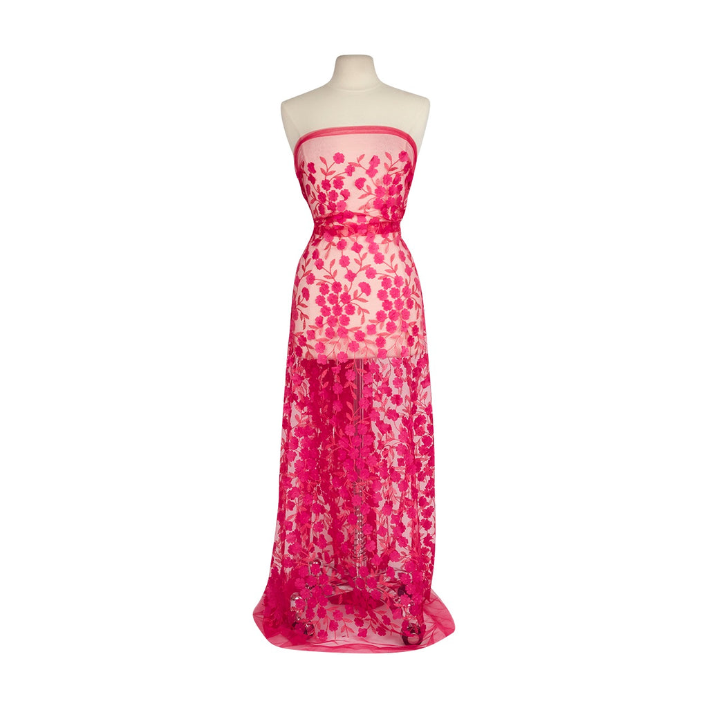 CATHERINE LESS 3D FLOWER EMBROIDERY MESH  | 25401-LESS HOT PINK - Zelouf Fabrics