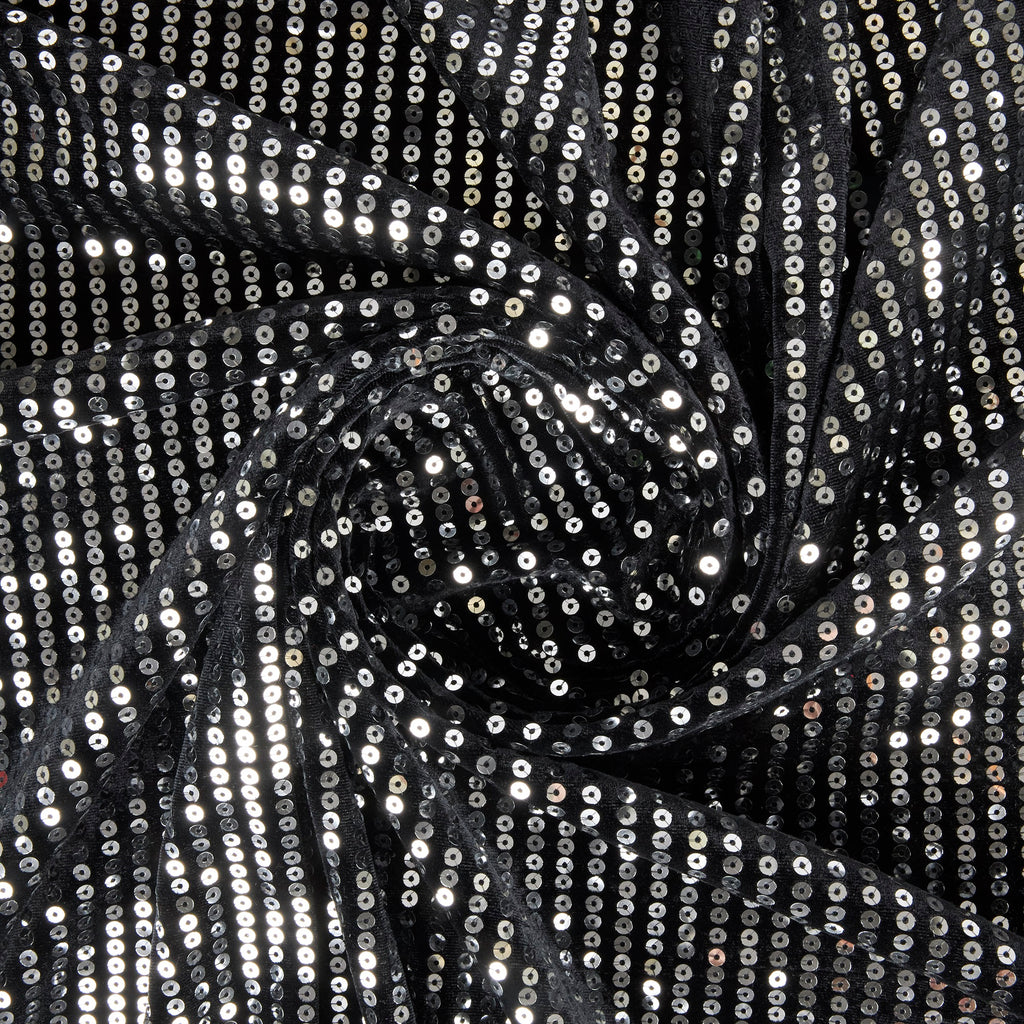 ALENA LINEAR SEQUIN VELVET  | 26674 BLACK/SILVER - Zelouf Fabrics