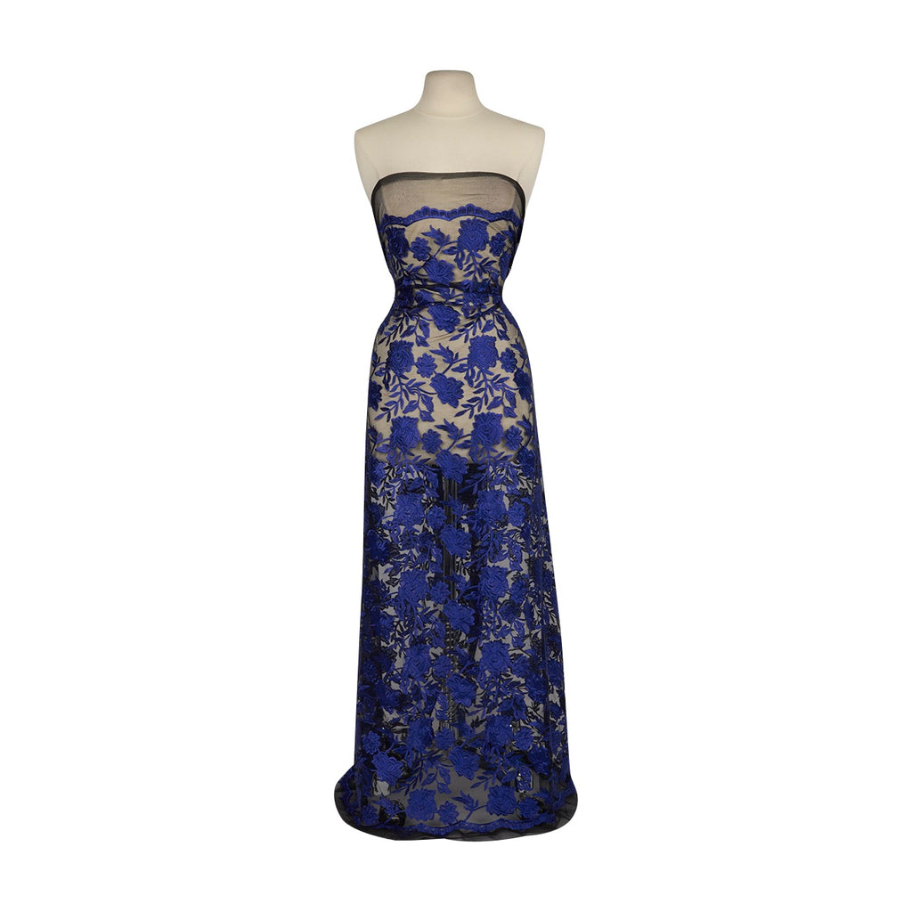 FLORAL EMBROIDERY MESH  | 26541 BLACK/ROYAL - Zelouf Fabrics