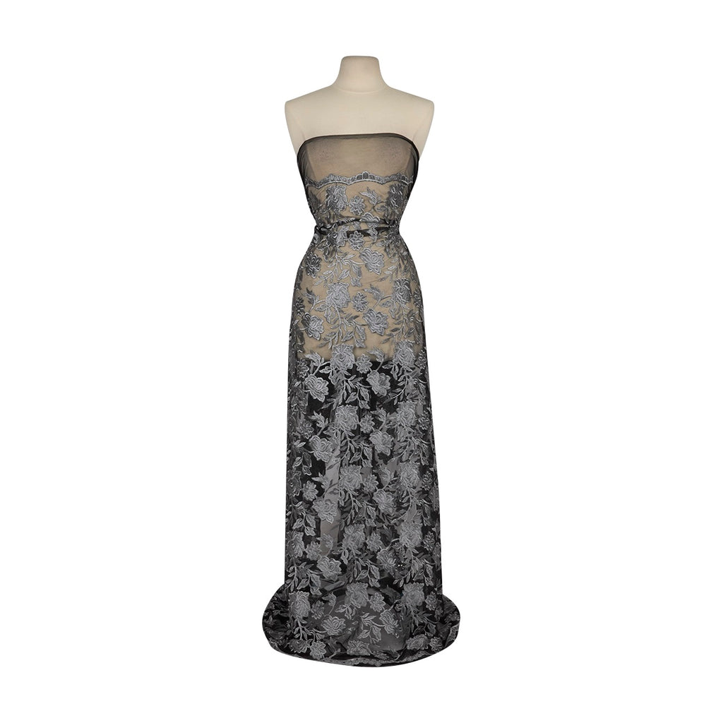 FLORAL EMBROIDERY MESH  | 26541 BLACK/STONE - Zelouf Fabrics