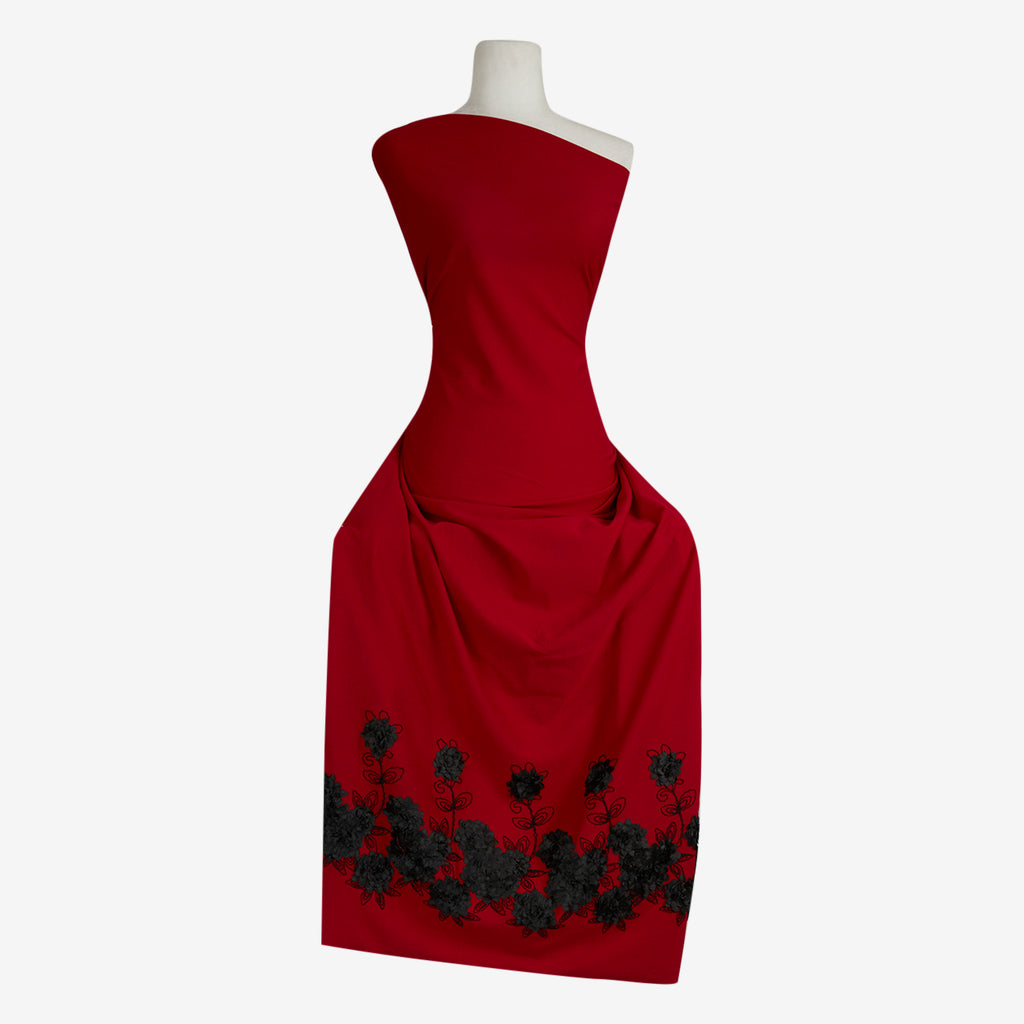 RED/BLACK | 25293 - STARFIELD 3D FLOWER SINGLE BORDER EMB SCUBA CREPE - Zelouf Fabric