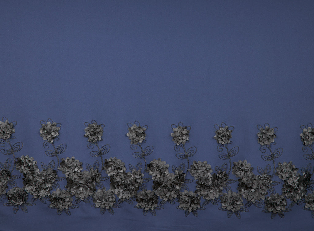 NAVY/BLACK | 25293 - STARFIELD 3D FLOWER SINGLE BORDER EMB SCUBA CREPE - Zelouf Fabric