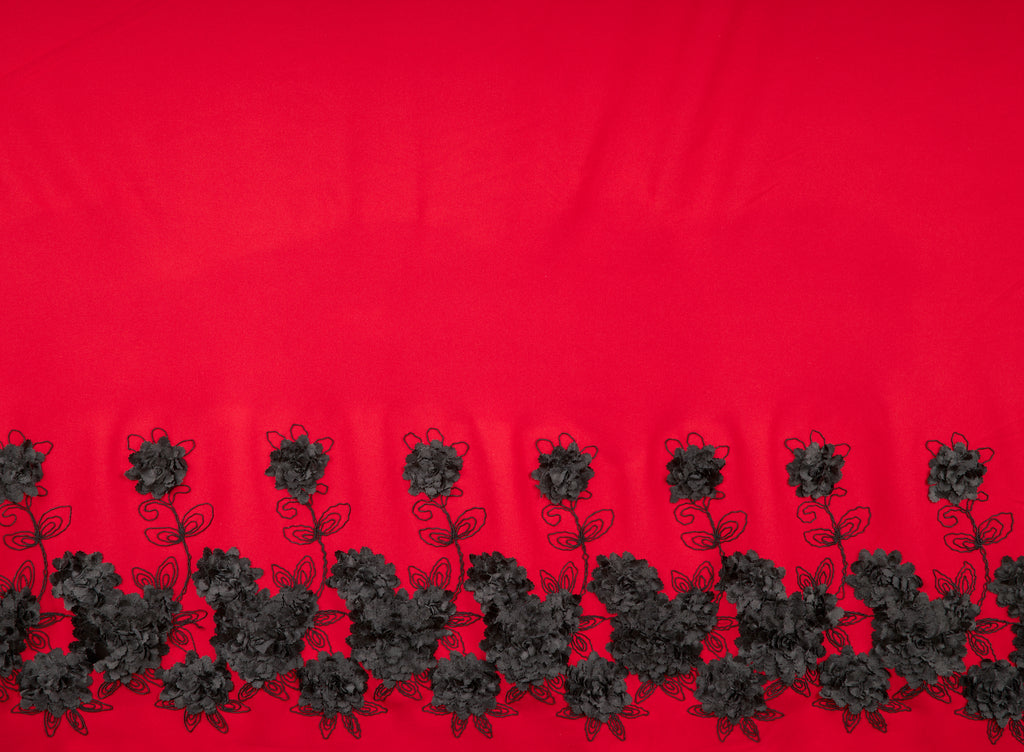 RED/BLACK | 25293 - STARFIELD 3D FLOWER SINGLE BORDER EMB SCUBA CREPE - Zelouf Fabric