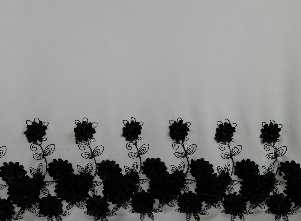 IVORY/BLACK | 25293 - STARFIELD 3D FLOWER SINGLE BORDER EMB SCUBA CREPE - Zelouf Fabric