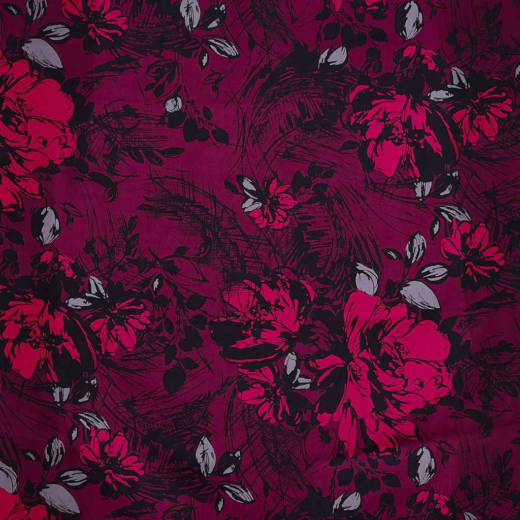 390 FUSH/BLK | 11017-7306 - ASHLEY CHARMEUSE PRINT - Zelouf Fabrics