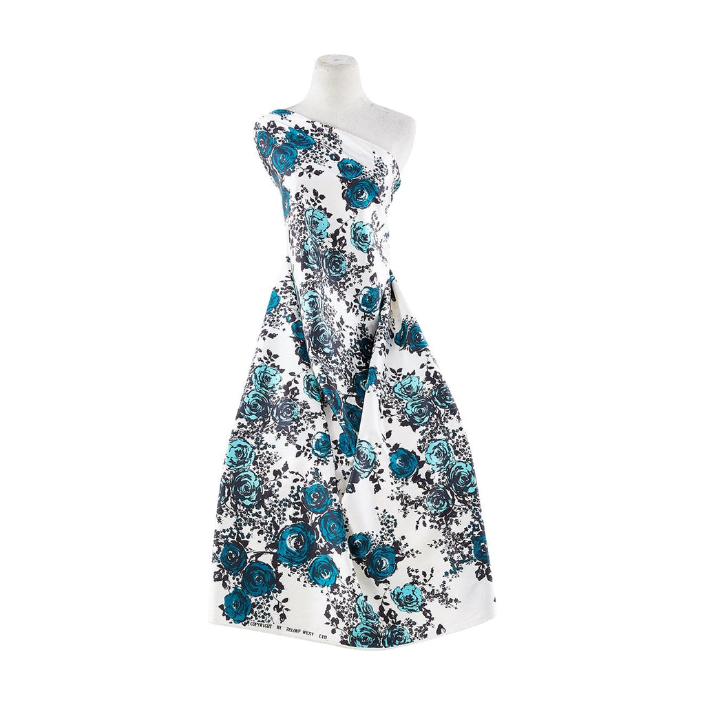 149 OWHT/TEAL | 11456-7311 - DANIELLE STRETCH SATIN PRINT - Zelouf Fabrics