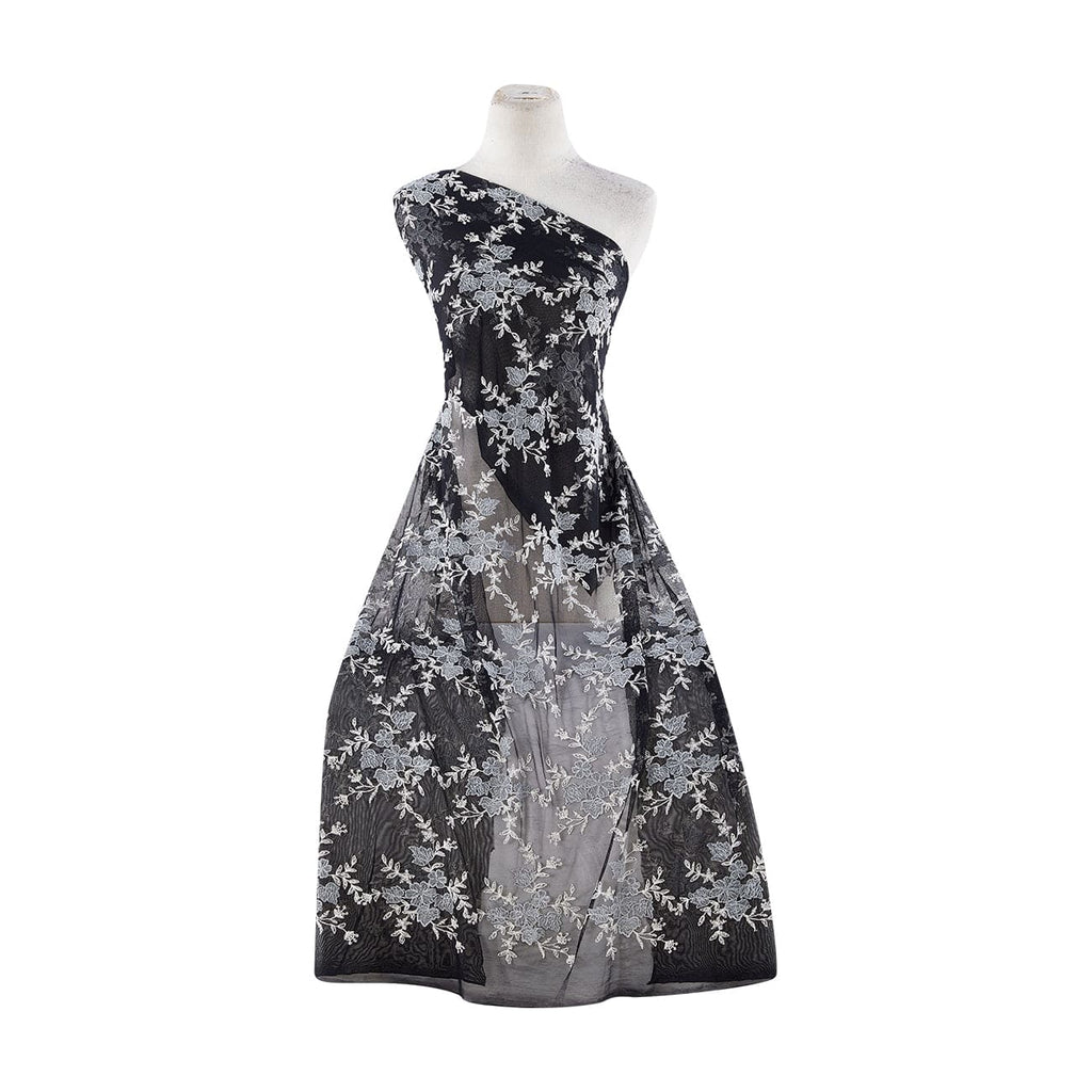 099 SILVER/BLK | 12727-4073 - "RAPTURE" FLOWER EMBROIDERY ON MESH - Zelouf Fabrics