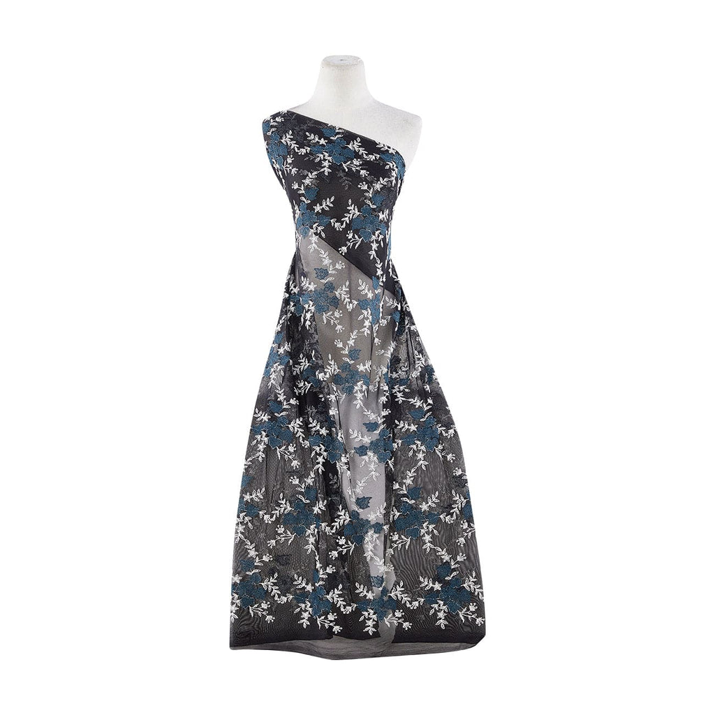 499 CLSTBLU/BLK | 12727-4073 - "RAPTURE" FLOWER EMBROIDERY ON MESH - Zelouf Fabrics