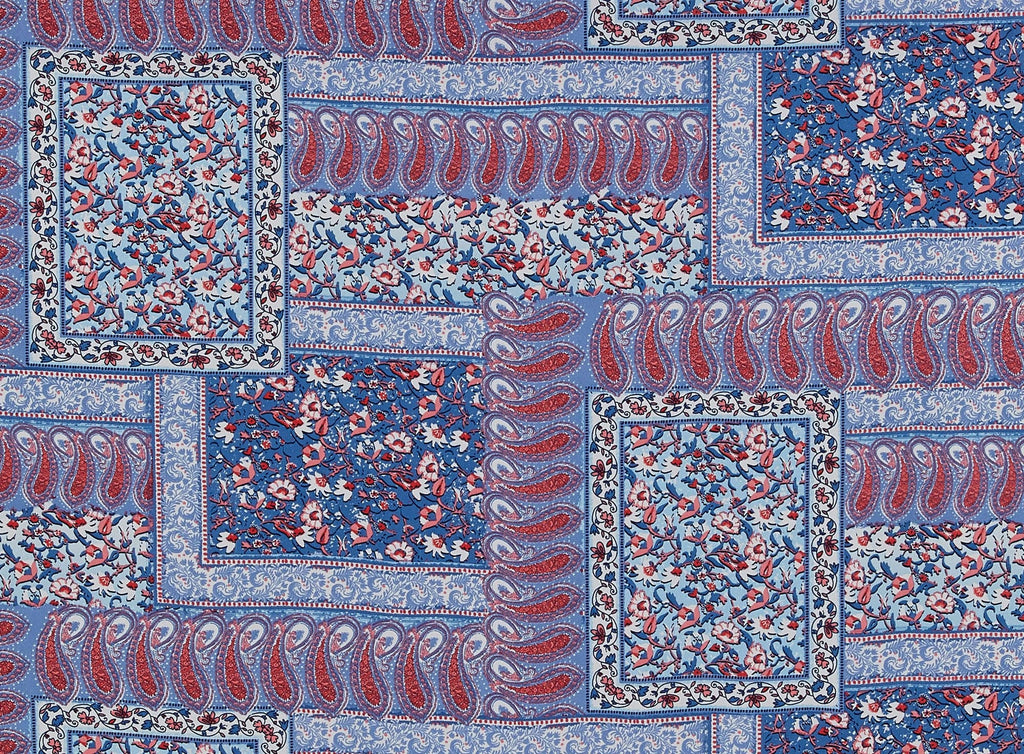 434 DENIM/CORAL | 12929-1540 - "PRAIRIE PARK" PATCHWORK ON PENELOPE CREPE - Zelouf Fabrics