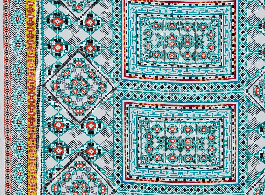 785 JADE/ORANGE | 12965-1540 - "ZELDA" GEO BORDER PRINT ON PENELOPE CREPE - Zelouf Fabrics