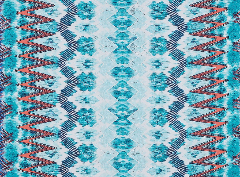 481 BLUE/CORAL | 12975-4633 - BAHAMA TIE DYE BORDER WOOL DOBBY PRINT - Zelouf Fabrics