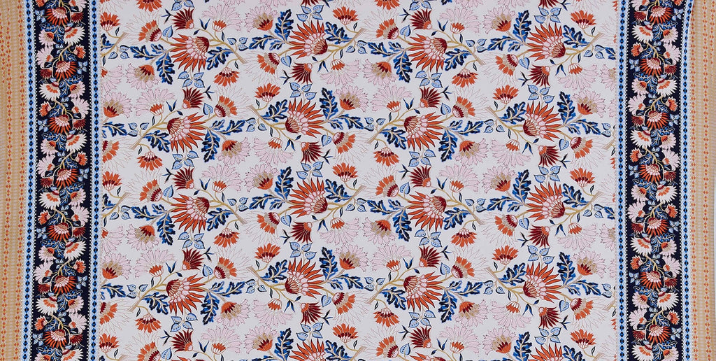 248 TAN/NAVY | 13259-1181 - "LOTUS" FLORAL BORDER ON ITY SPAN - Zelouf Fabrics