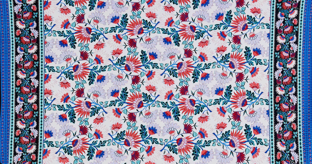 478 BLUE/CORAL | 13259-1181 - "LOTUS" FLORAL BORDER ON ITY SPAN - Zelouf Fabrics
