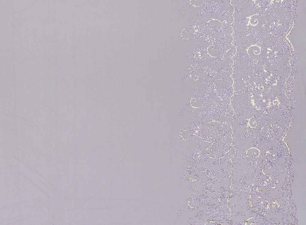 BRWN/GOLD/LILAC | 20033-1060 - DOUBLE BORDER HENNA FLORAL 2X GLITTER ON TULLE - Zelouf Fabrics