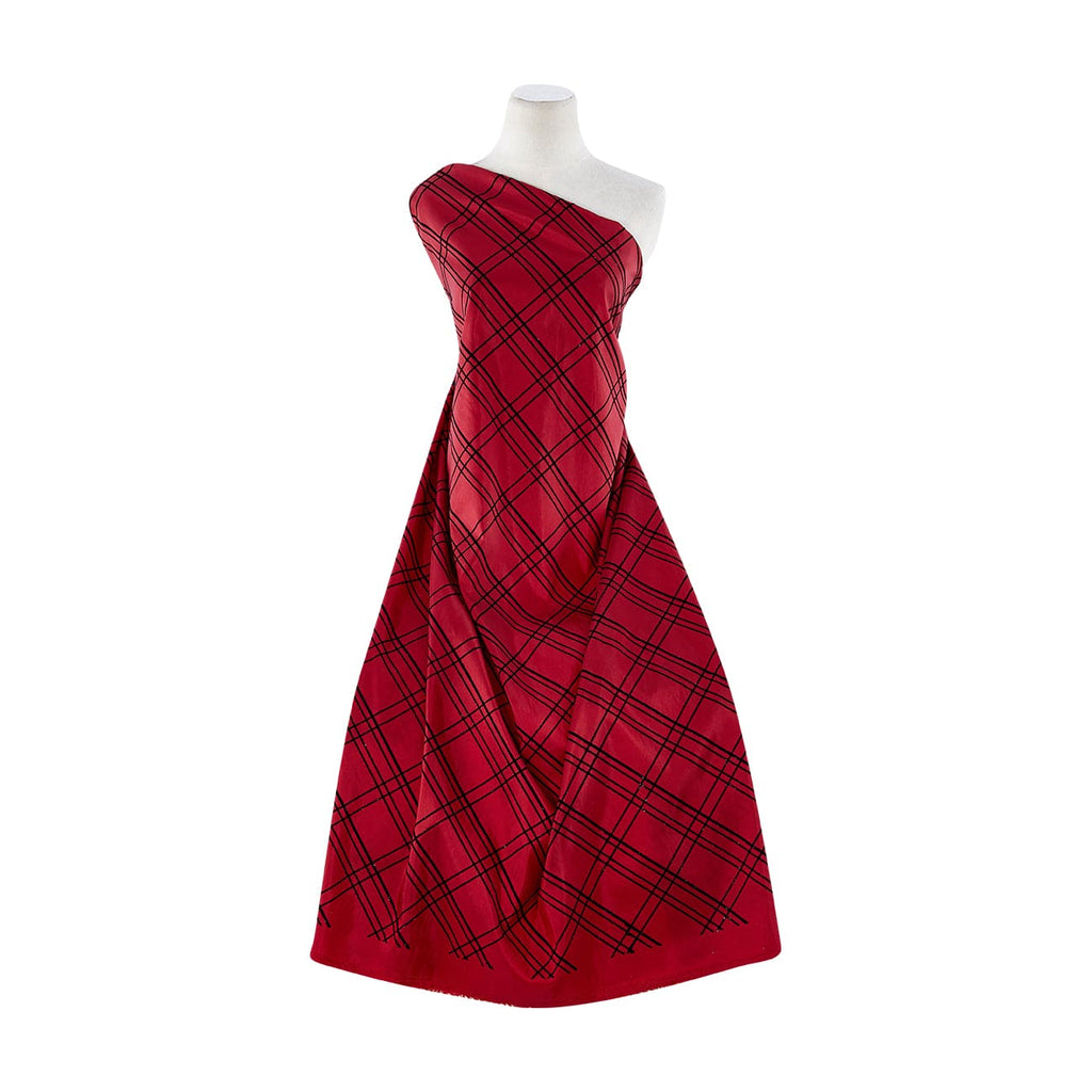 RED GLITZ | 20420-6085 - BIAS CHECK BLK FLOCK MIXED SIL GLITT ON N/P TAFF 1X - Zelouf Fabrics