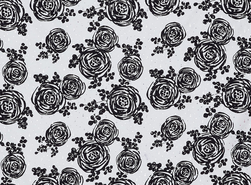 LARGE ROSE PRINT ON SHANTUNG W/BLACK TRANS  | 20780-6418TRANS  - Zelouf Fabrics