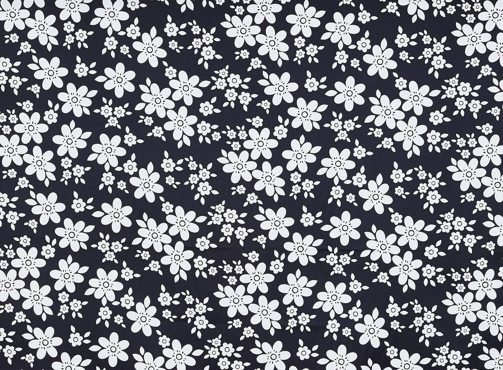 BLACK/WHITE | 20863-037 - DAISY FLOWER ON BRIDAL SATIN - Zelouf Fabrics