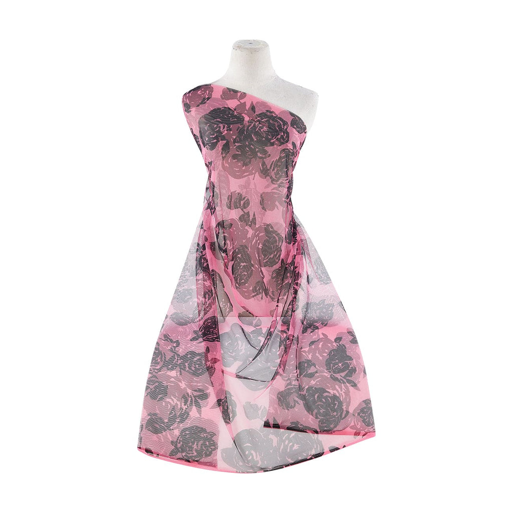 ROSE BLOOM PRINT ON TULLE  | 20880-1060 STRAWBERRY MARBLE/BLK - Zelouf Fabrics