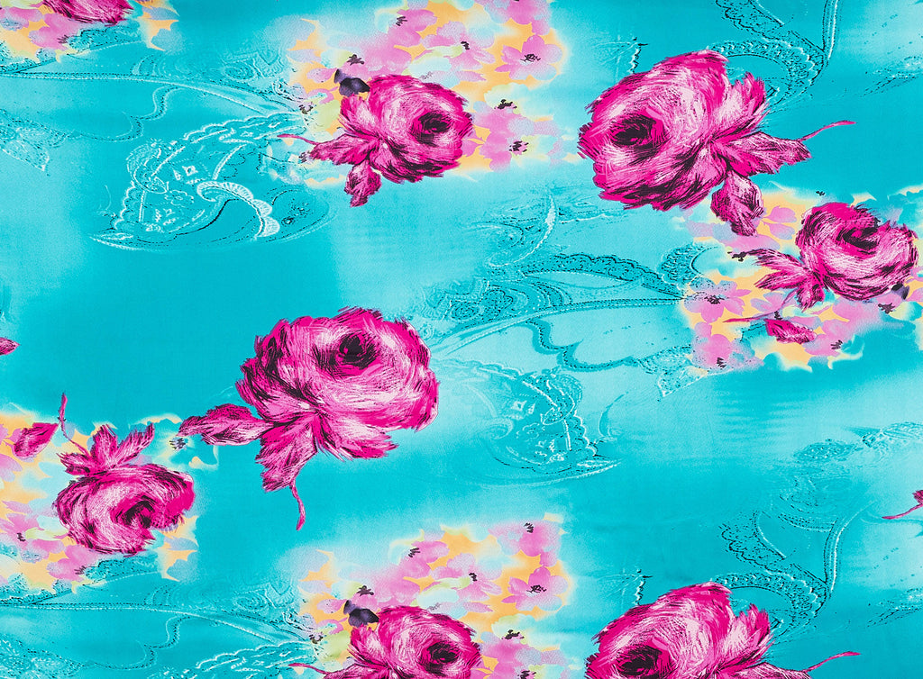 TURQUOISE | 20960-404 - SPLATTER OF ROSE PRINT ON CHARMEUSE - Zelouf Fabrics