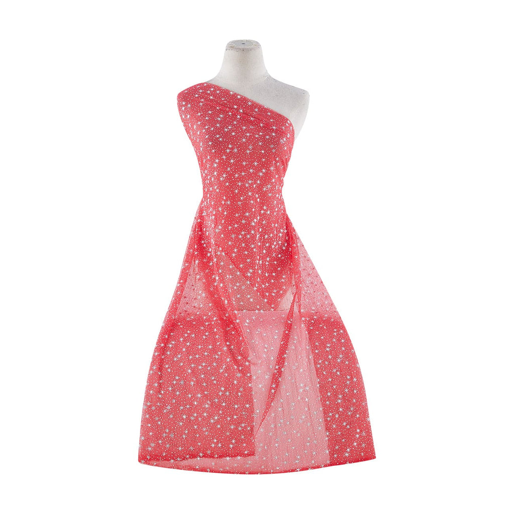 CORAL/SILVER | 21089-1060 - PLEATED TULLE WITH STARS FOIL - Zelouf Fabrics