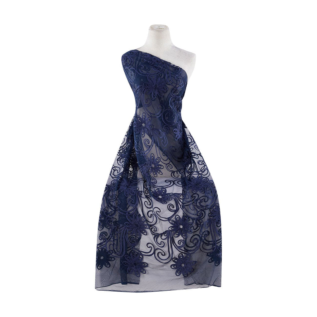 TWILL TAPE FLOWERS AND SCROLL ON TULLE  | 21153-1060 SOFT NAVY - Zelouf Fabrics
