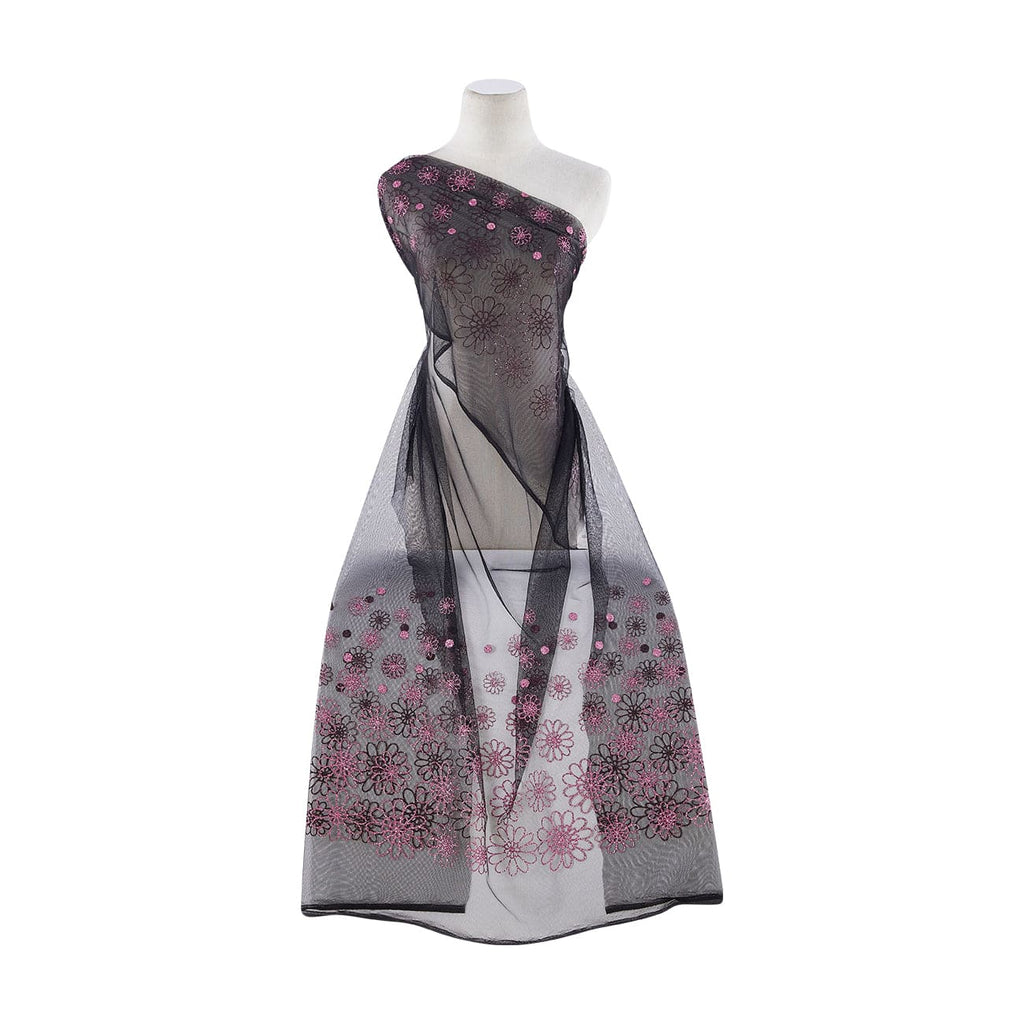 BLACK/PINK | 21259-1060 - DAISY GLITTER DOUBLE BORDER ON TULLE - Zelouf Fabrics