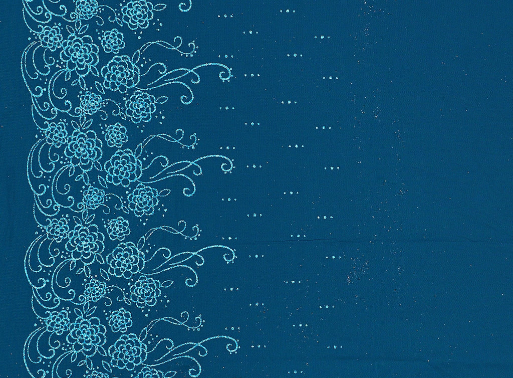 TRUE PEACOCK | 21269-1060 - DOUBLE BORDER GLITTER WITH SCROLLS + DOTS ON TULLE - Zelouf Fabrics