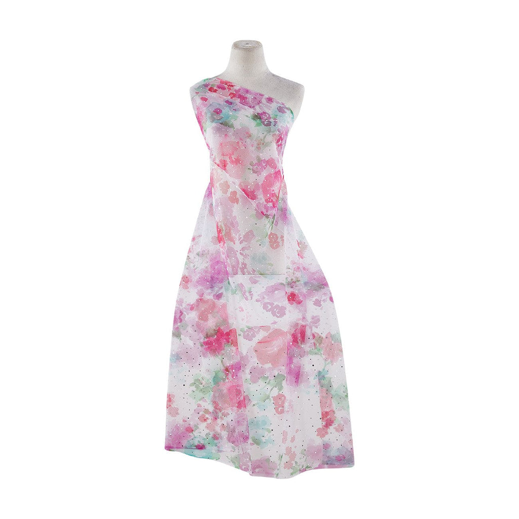 WATERCOLOR FLORAL PRINT W/SILVER TRANS ON TULLE  | 21428-1060 TRANS WHITE/LILAC/FUCHSIA - Zelouf Fabrics