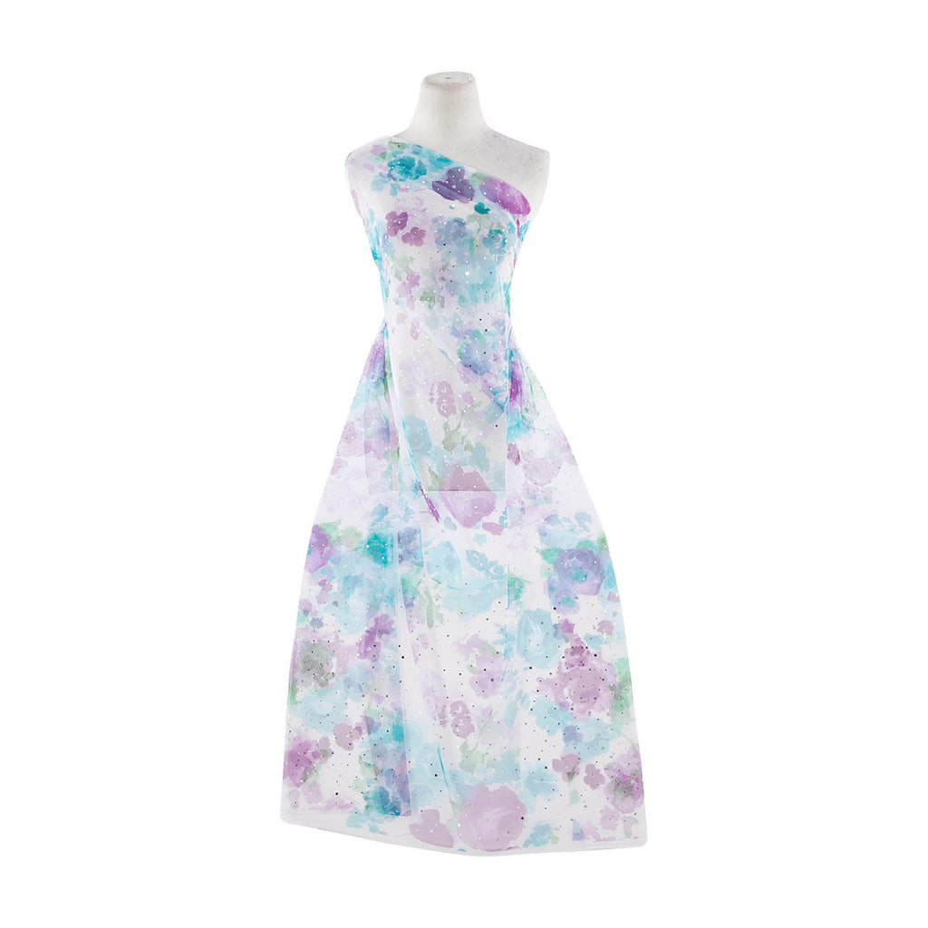 WATERCOLOR FLORAL PRINT W/SILVER TRANS ON TULLE  | 21428-1060 TRANS WHITE/PURPLE/MINT - Zelouf Fabrics