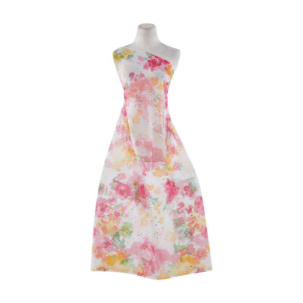 WATERCOLOR FLORAL PRINT W/SILVER TRANS ON TULLE  | 21428-1060 TRANS WHITE/YELLOW/PINK - Zelouf Fabrics