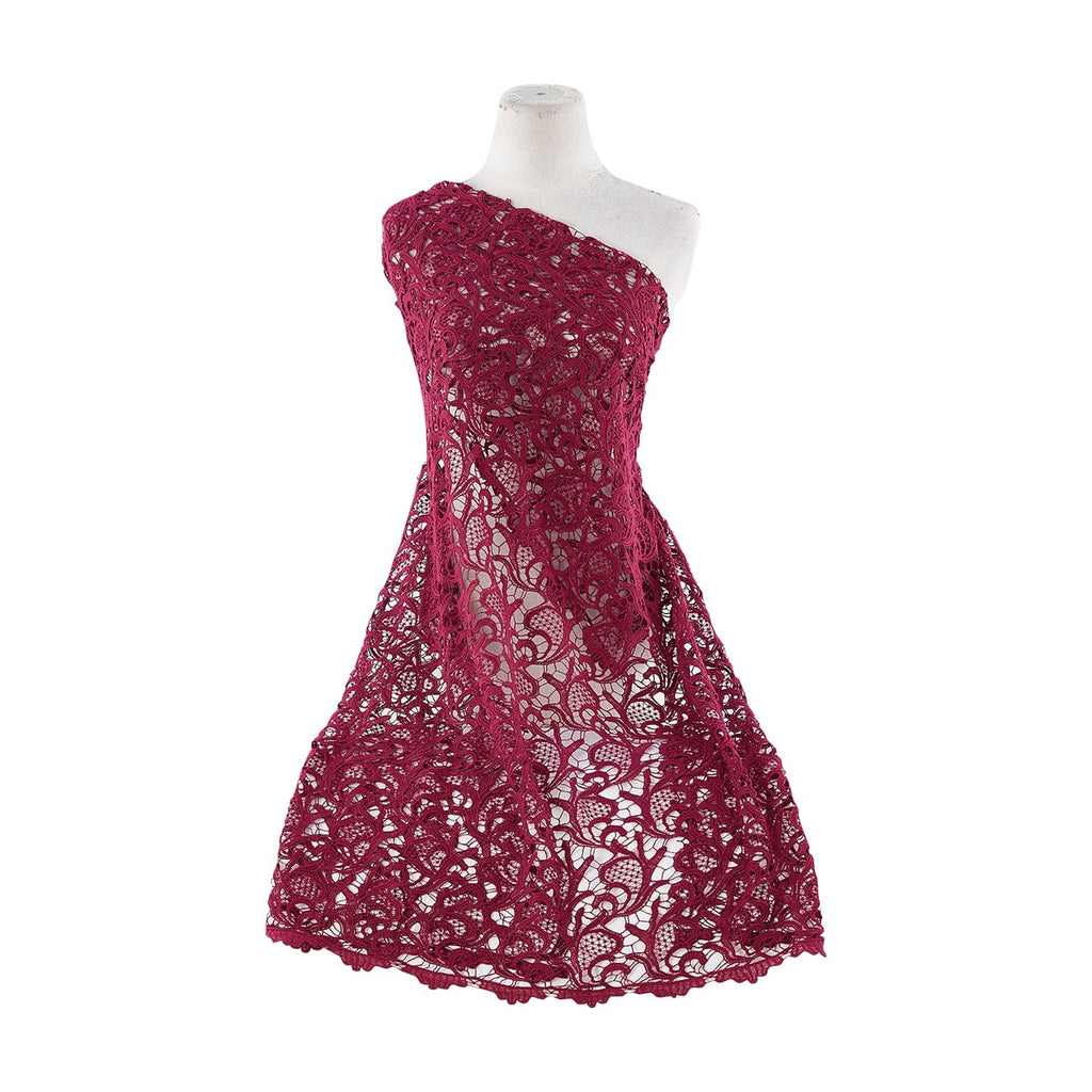 BURGUNDY | 21482-6455 - SCROLLS AND DOTS CHEMICAL LACE DOUBLE SCALLOP - Zelouf Fabrics