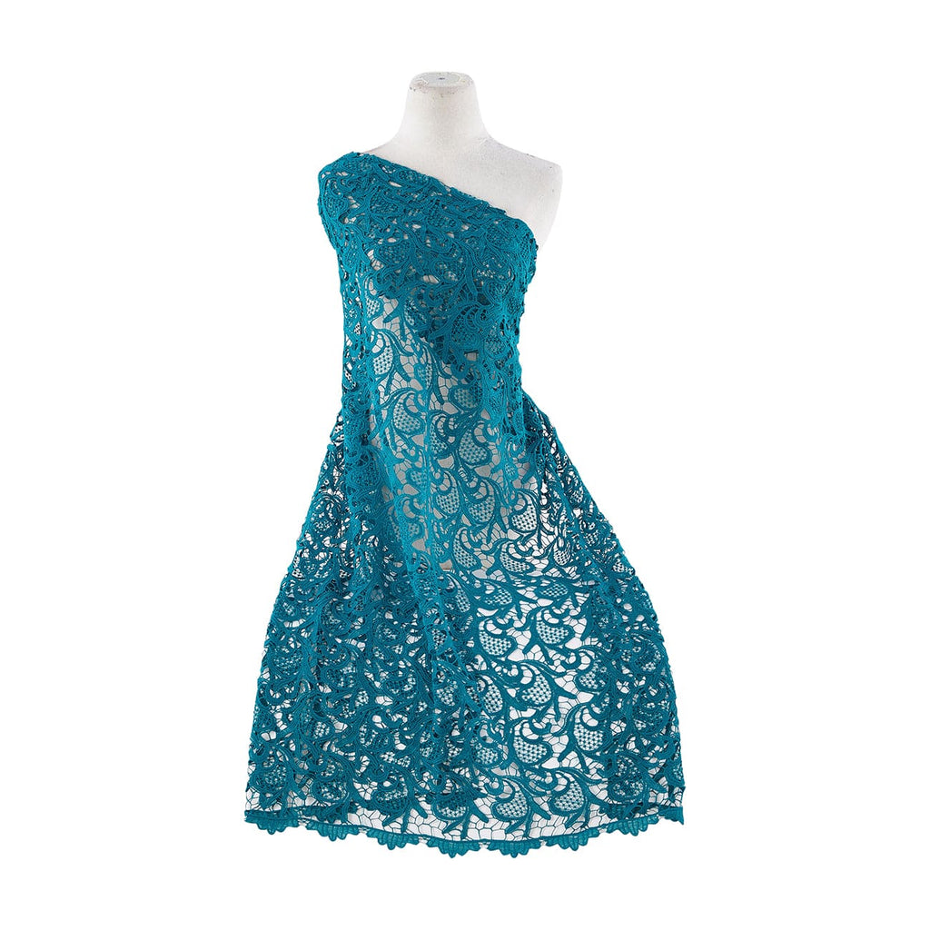TEAL | 21482-6455 - SCROLLS AND DOTS CHEMICAL LACE DOUBLE SCALLOP - Zelouf Fabrics